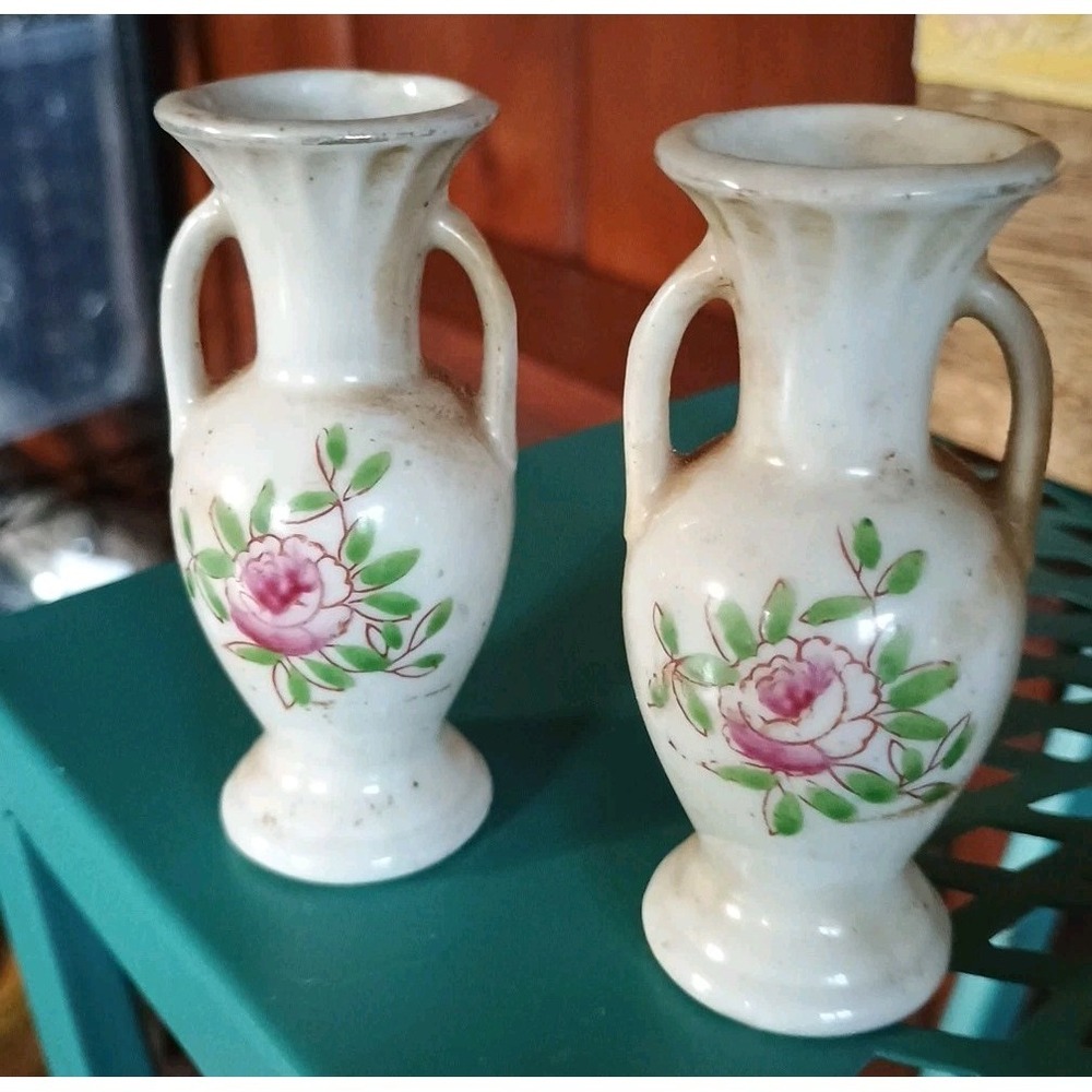 Vintage Pair Of Mini Floral Vases With Handles Made In Occupied Japan 3-1/2"